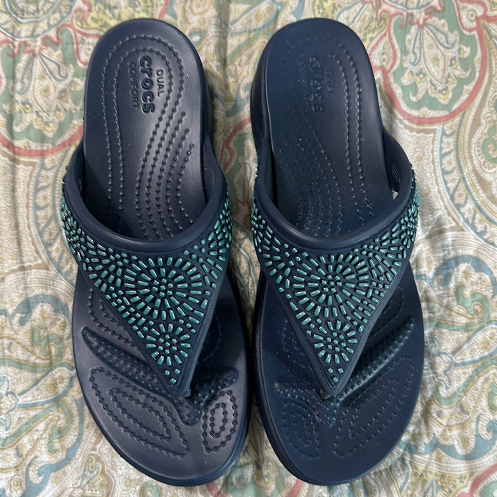 Navy Crocs embellished with aqua beading.  A dressier look for crocs.
